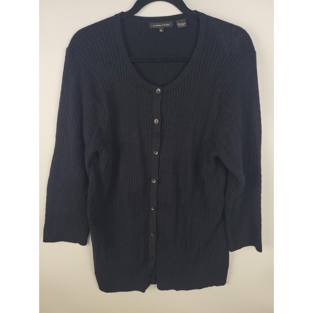 Jeanne Pierre 100% Cotton Cardigan Women's XL Black Button Front Ribbed Knit Swe